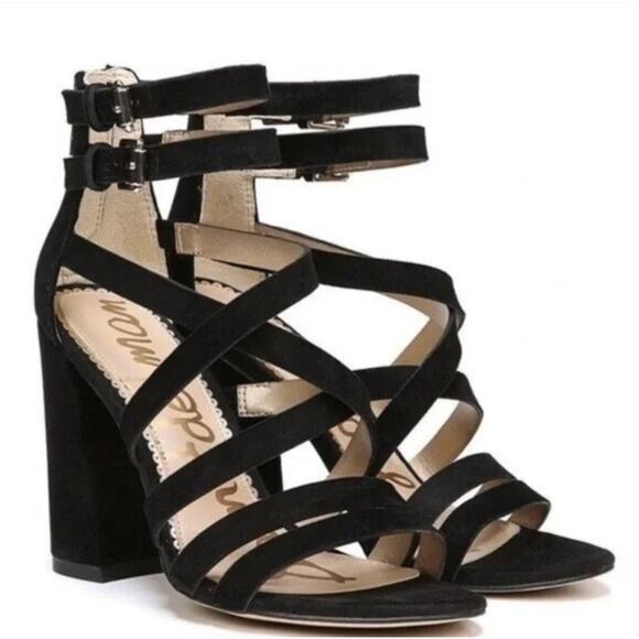 Sam Edelman Shoes Womens Size 7M Black Yema‎ Suede Block Heel Strappy Sandals - Picture 1 of 9